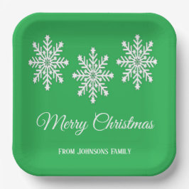 白いクリスマスの雪の結晶メリークリスマスグリーン ペーパープレート