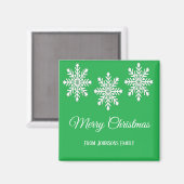 白いクリスマスの雪の結晶メリークリスマスグリーン マグネット (正面/裏面)