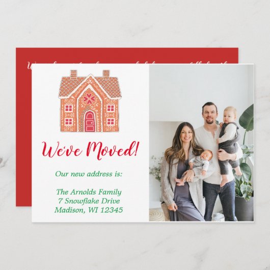 白いクリスマスジンジャーブレッドホームフォトムービング シーズンカード (正面/裏面)