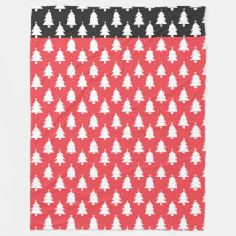 白いクリスマスツリーが並ぶ赤と黒 フリースブランケット