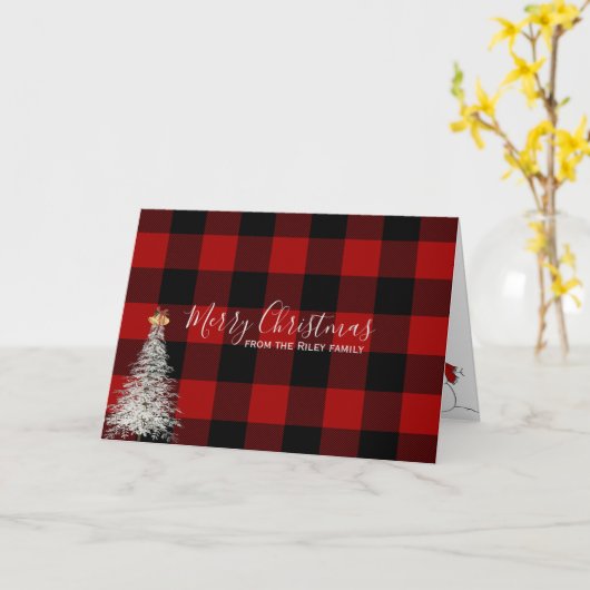 白いクリスマスツリーと赤と黒の格子縞 カード (黄色い花)