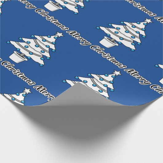 白いクリスマスツリーブルーの装飾 – メリークリスマス ラッピングペーパー (角)