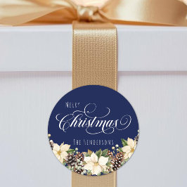 白いクリスマスポインセチア青 ラウンドシール