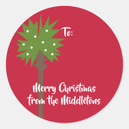 白いクリスマスライトのあるヤシの木 ラウンドシール