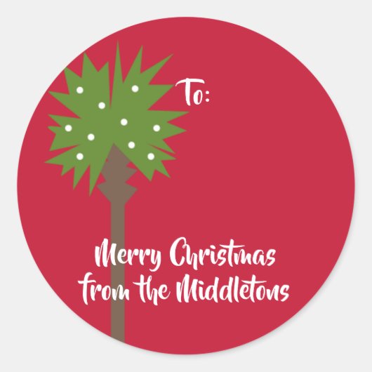 白いクリスマスライトのあるヤシの木 ラウンドシール (正面)