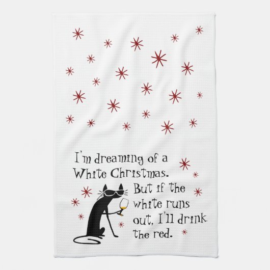 白いクリスマスワインキャットおもしろいの夢を見る キッチンタオル (縦)