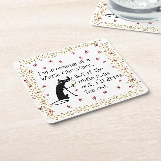 白いクリスマスワインキャットおもしろいの夢を見る スクエアペーパーコースター (アングル)