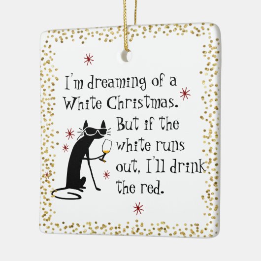 白いクリスマスワインキャットおもしろいの夢を見る セラミックオーナメント (左)