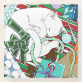 白いクリスマス猫 ガラスコースター (正面)