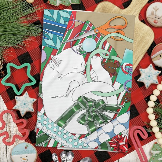 白いクリスマス猫 キッチンタオル