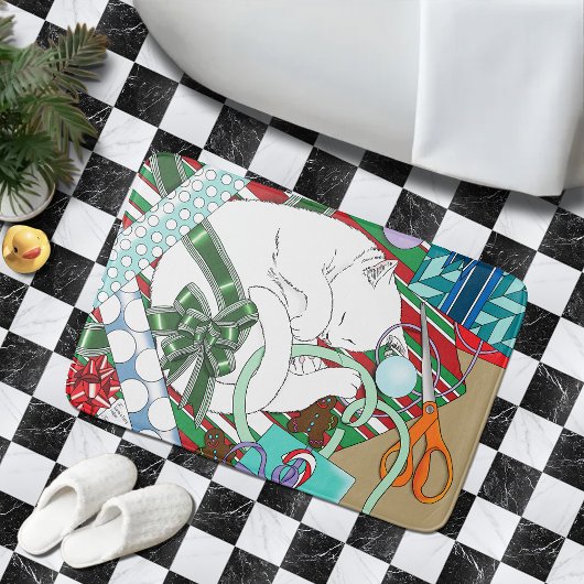 白いクリスマス猫 バスマット