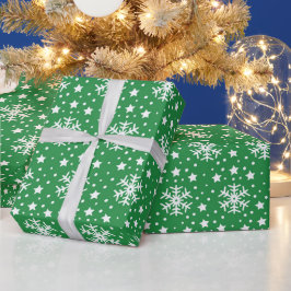 白いクリスマス+ホリデー+雪の結晶の緑 ラッピングペーパー