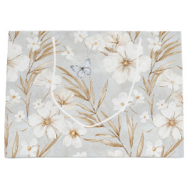 白いクリームの花と青い蝶のウェディングシャワー ラージペーパーバッグ