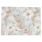 白いクリームの花と青い蝶のウェディングシャワー ラージペーパーバッグ (裏面)