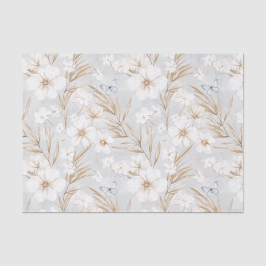 白いクリームの花と青い蝶のウェディングシャワー 薄葉紙 (正面)