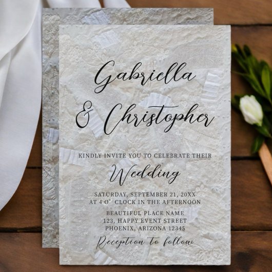 白いクリーム模様の黒いカリグラフィー結婚式 招待状