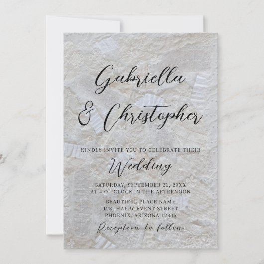 白いクリーム模様の黒いカリグラフィー結婚式 招待状 (正面)