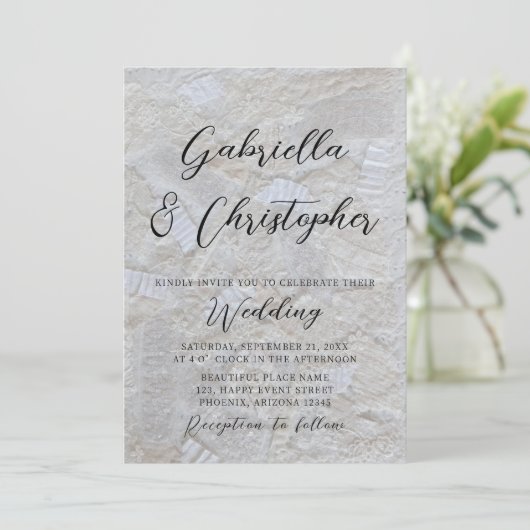 白いクリーム模様の黒いカリグラフィー結婚式 招待状 (スタンド正面)