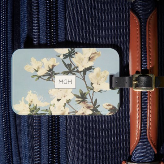 白いクリーム色のツツジの花のモノグラム ラゲッジタグ (正面インサイチュ4)