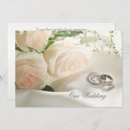 白いクリーム色のバラおよびリングや輪の結婚式招待状 招待状 (正面/裏面)