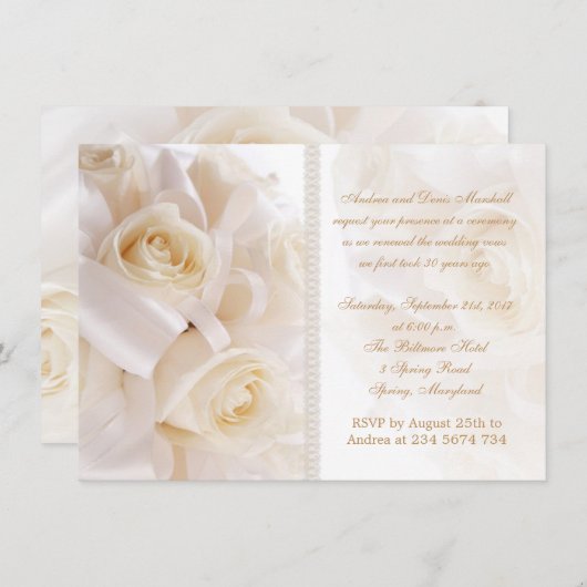 白いクリーム色のバラの結婚の更新式 招待状 (正面/裏面)