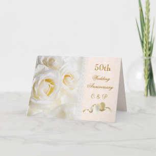 白いクリーム色のバラ、ハート第50の結婚記念日 招待状