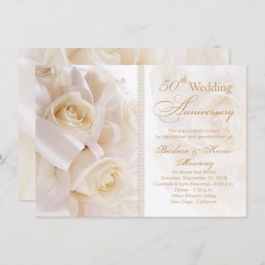 白いクリーム色のバラ 50周年記念結婚式 招待状 (正面/裏面)
