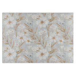 白いクリーム色の花と青い蝶のウェディングシャワー カッティングボード