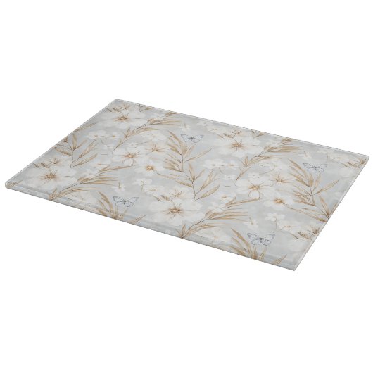 白いクリーム色の花と青い蝶のウェディングシャワー カッティングボード (角)