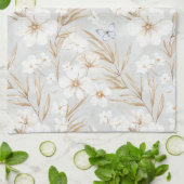 白いクリーム色の花と青い蝶のウェディングシャワー キッチンタオル (折り畳み)