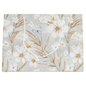 白いクリーム色の花と青い蝶のウェディングシャワー ラージペーパーバッグ (正面)