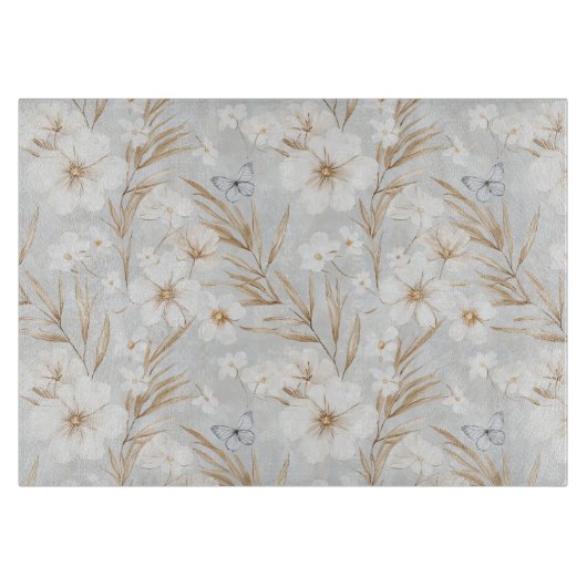 白いクリーム色の花と青い蝶の結婚前お披露目会 カッティングボード (正面)