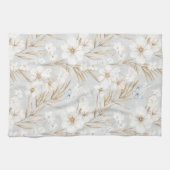 白いクリーム色の花と青い蝶の結婚前お披露目会 キッチンタオル (横)