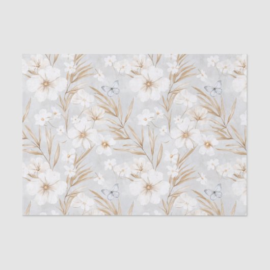 白いクリーム色の花と青い蝶の結婚前お披露目会 薄葉紙 (正面)