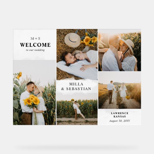 白いクリーンモダンイニシャルと5枚の写真へようこそ アクリルサイン (正面)