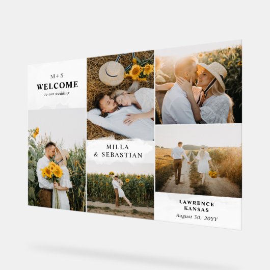 白いクリーンモダンイニシャルと5枚の写真へようこそ アクリルサイン (傾斜)