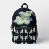 白いクレマチスパーソナライズされた花 プリントバックパック (正面)