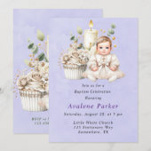 白いクロスカップケーキと少女の洗礼 招待状 (正面/裏面)