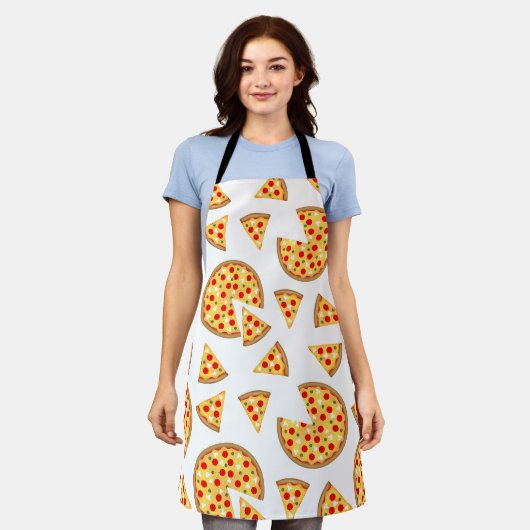 白いクールおもしろいのピザとスライスの模様 エプロン (着用した状態)