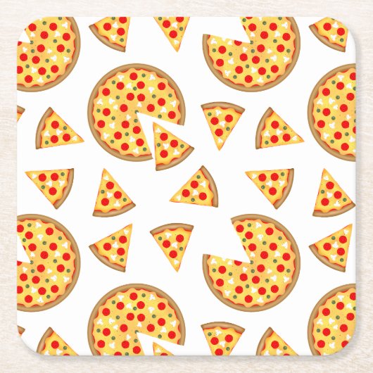 白いクールおもしろいのピザとスライスの模様 スクエアペーパーコースター (正面)