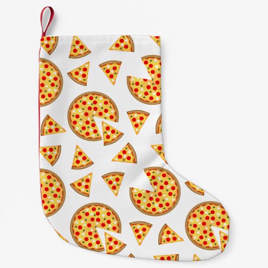 白いクールおもしろいのピザとスライスの模様 スモールクリスマスストッキング (正面)