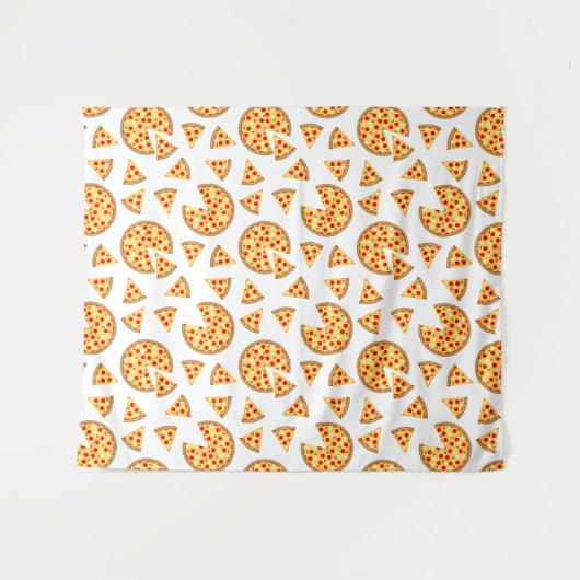 白いクールおもしろいのピザとスライスの模様 タペストリー (正面(横))
