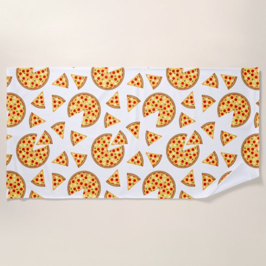 白いクールおもしろいのピザとスライスの模様 ビーチタオル (正面)