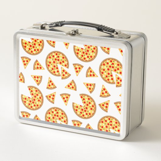 白いクールおもしろいのピザとスライスの模様 メタルランチボックス (正面)