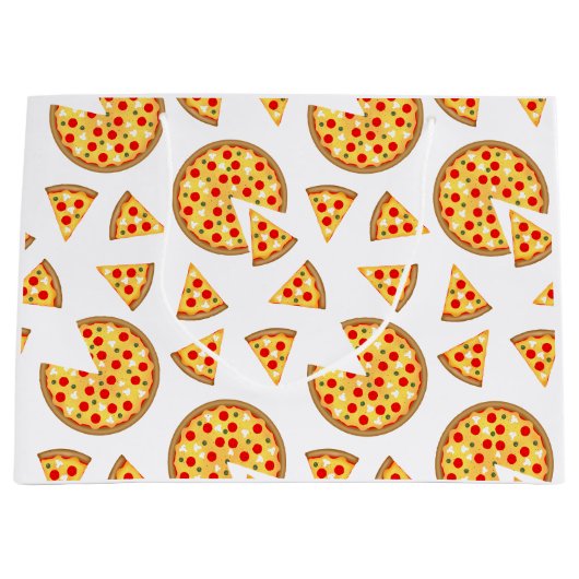 白いクールおもしろいのピザとスライスの模様 ラージペーパーバッグ (正面)
