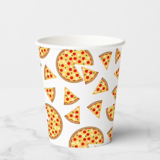 白いクールおもしろいのピザとスライスの模様 紙コップ (裏面)