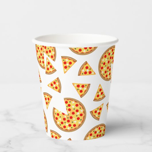 白いクールおもしろいのピザとスライスの模様 紙コップ (正面)