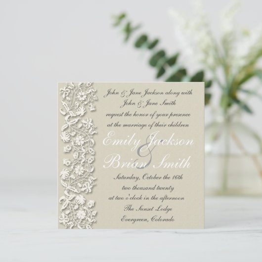 白いグエレガントレーレースフォーマル結婚式招待状 招待状 (スタンド正面)
