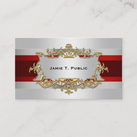 白いグラデーション、赤いリボン、金ゴールド枠ラベル 名刺 (正面)