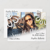 白いグラフィックフローラ卒業日の保存 案内ポストカード (正面/裏面)